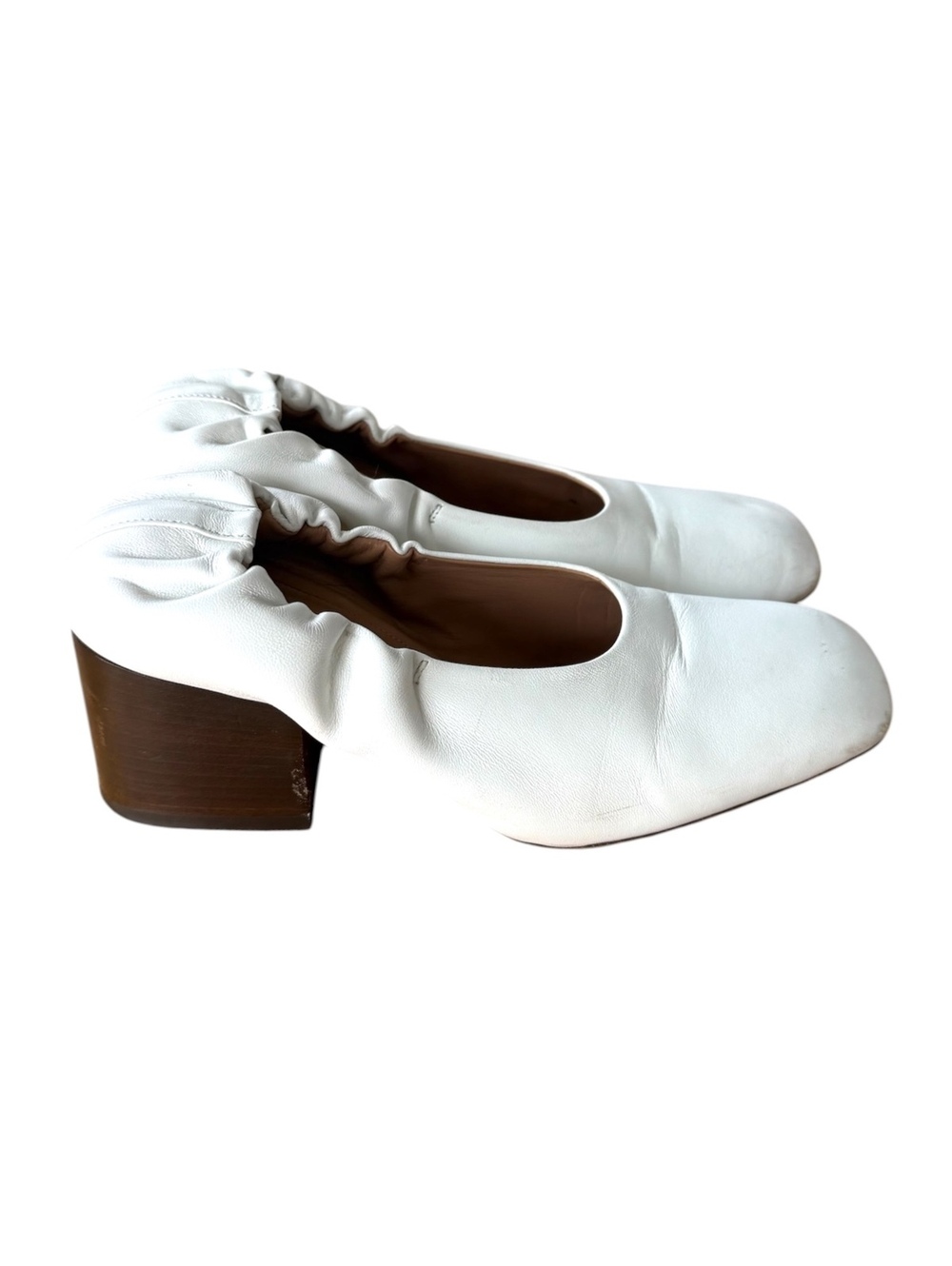 Marni White Leather Ruched Square-Toe Block Heel Pumps Glove Ballerina - Size 37